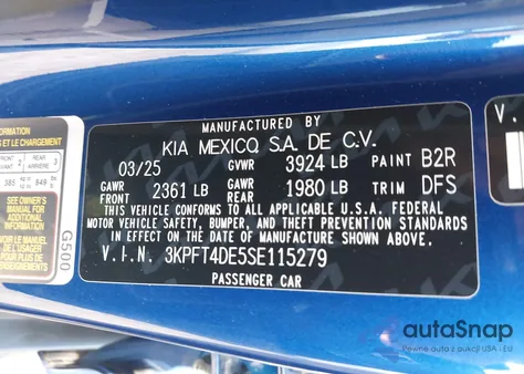 2025 Kia K4 Lxs из США, поврежденный, VIN 3KPFT4DE5SE115279